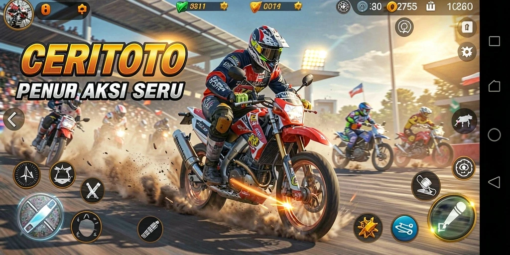 Tampilan menarik dari gameplay CERITOTO saat berlomba di trek balapan.