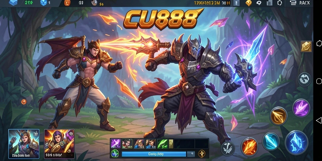 Screenshot gameplay CU888 menampilkan pertarungan seru di arena MOBA.