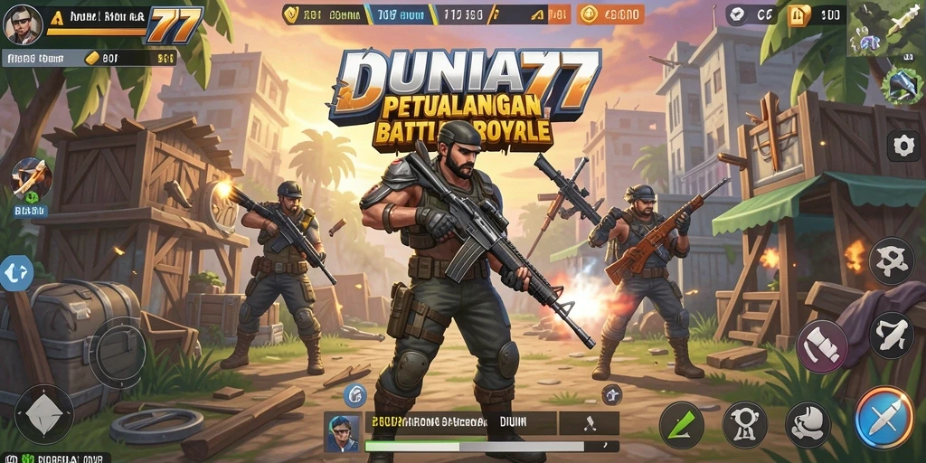 Tangkapan layar utama menunjukkan aksi intens pertandingan Battle Royale.