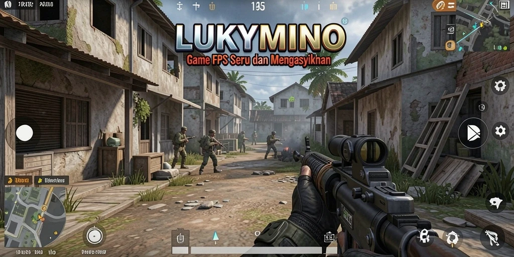 Tampilan seru gameplay LUKYMINO dengan aksi tembak-tembakan.