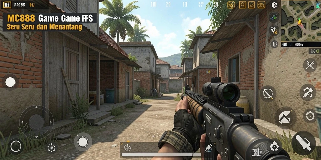 Screenshot utama MC888 menampilkan aksi gameplay tembak-menembak yang intens.