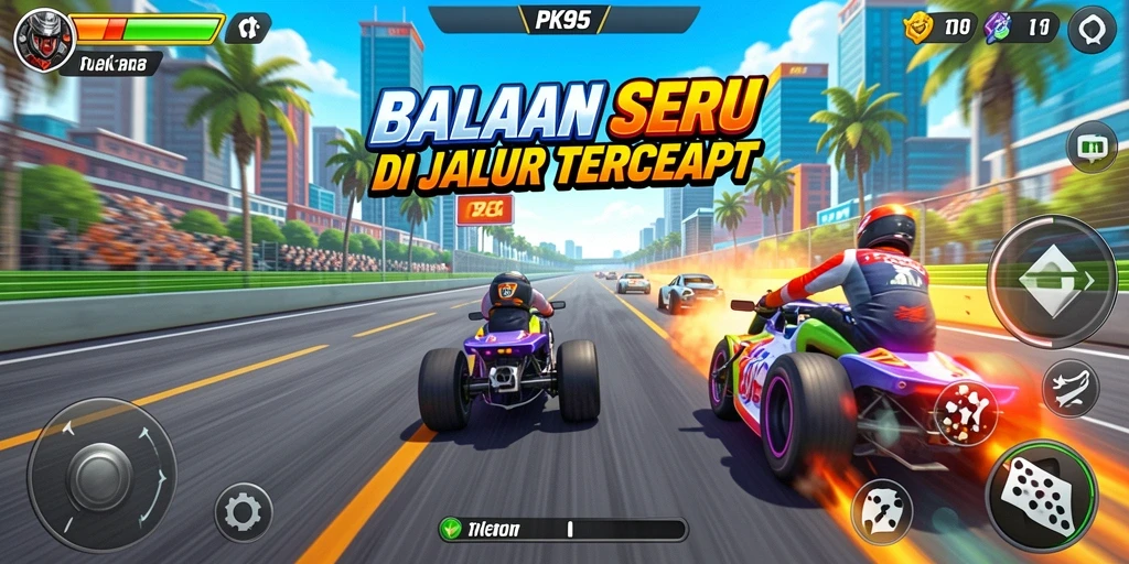 Tampilan utama gameplay PK95 yang menunjukkan aksi balapan cepat.