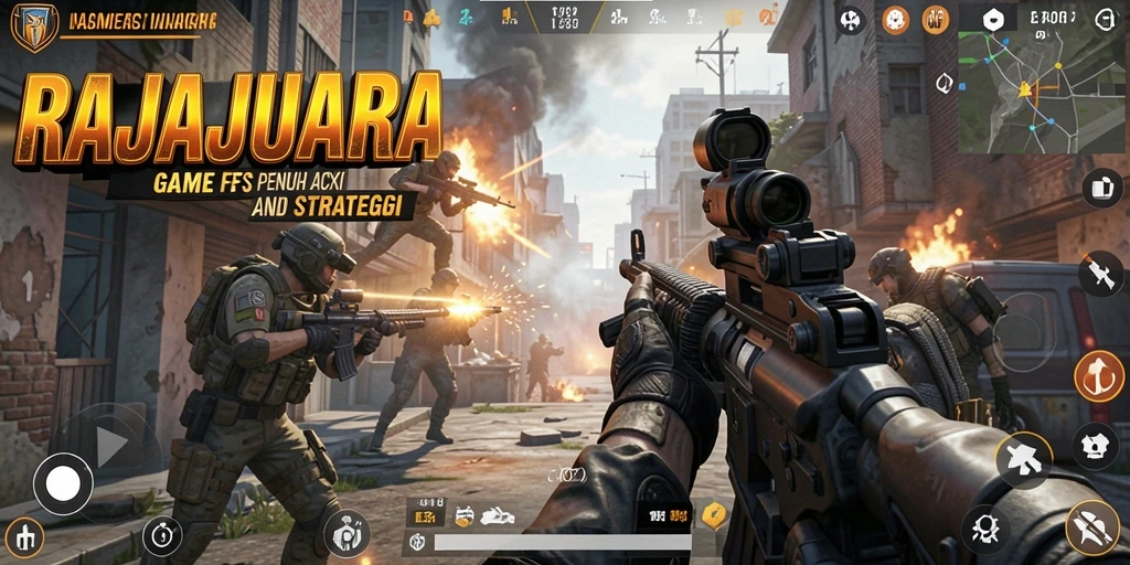Screenshot utama RAJAJUARA menampilkan aksi tembak-menembak yang mendebarkan.