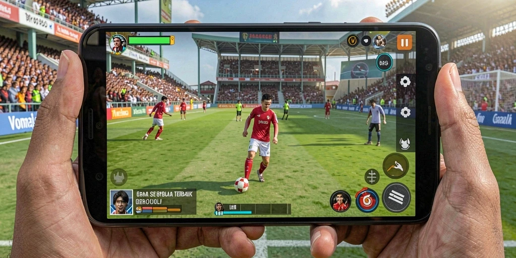 Tampilan gameplay menegangkan dengan aksi sepak bola yang seru.
