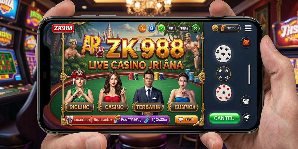Tangkapan layar gameplay ZK988 yang menampilkan dealer langsung dan suasana kasino.